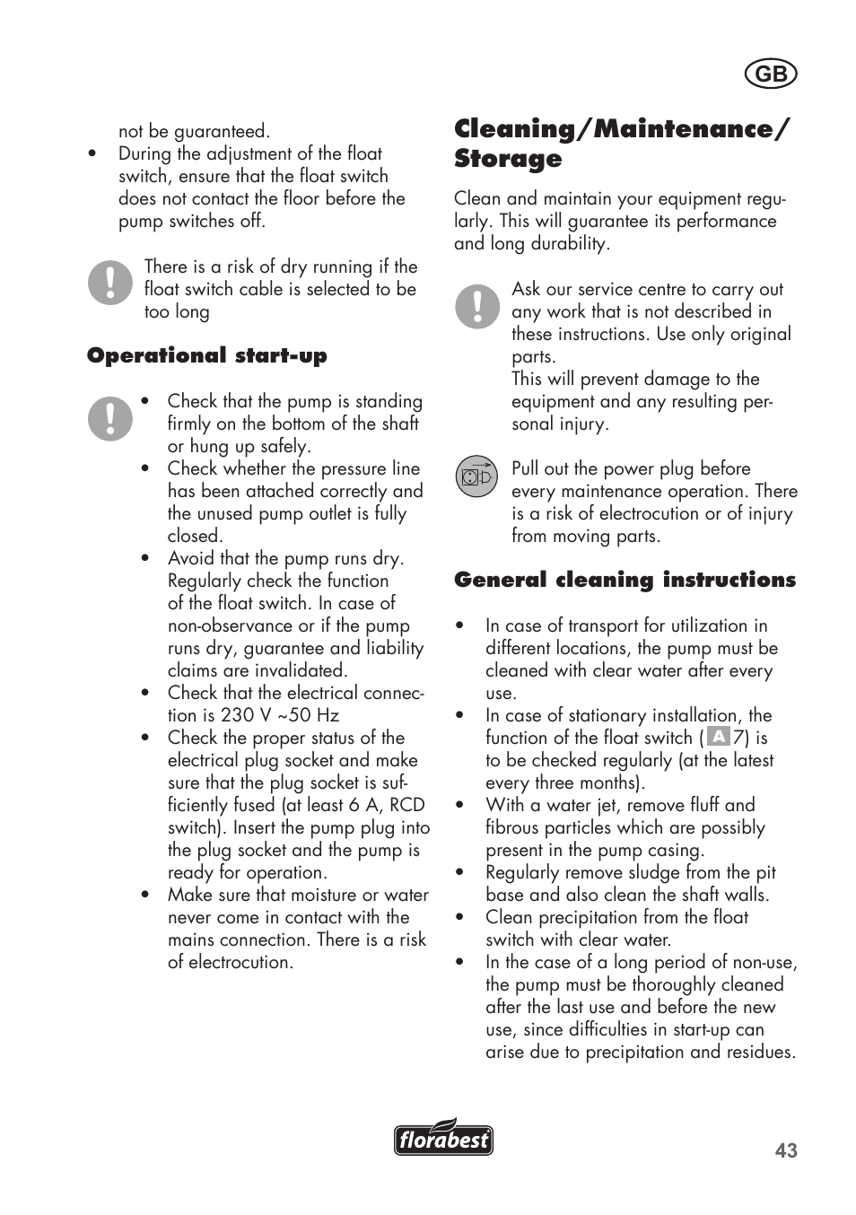 Cleaning/maintenance/ storage | Florabest FTS 1100 C3 User Manual | Page 43 / 50