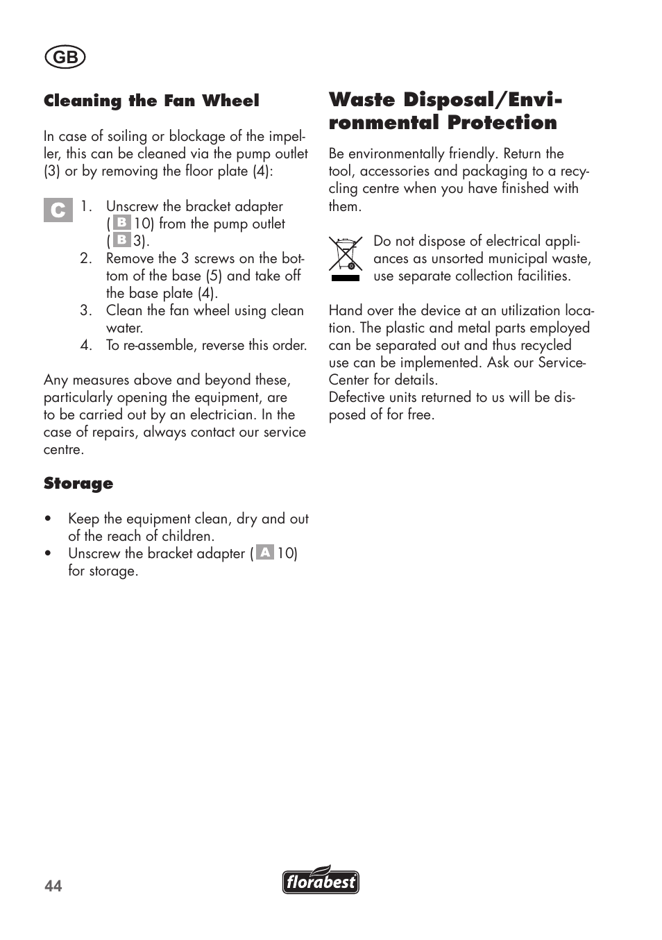 Waste disposal/envi- ronmental protection | Florabest FTS 1100 C3 User Manual | Page 44 / 50