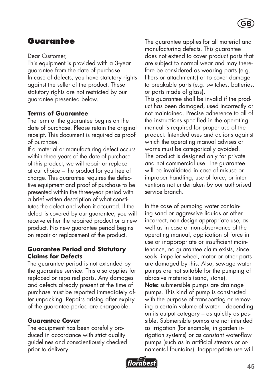 Guarantee | Florabest FTS 1100 C3 User Manual | Page 45 / 50