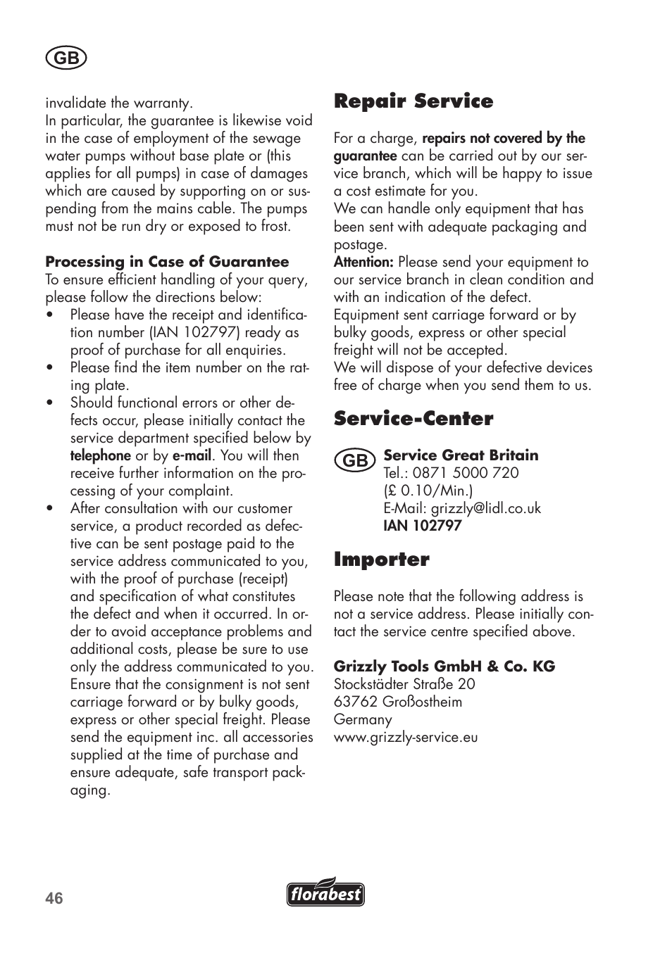 Repair service, Service-center, Importer | Florabest FTS 1100 C3 User Manual | Page 46 / 50