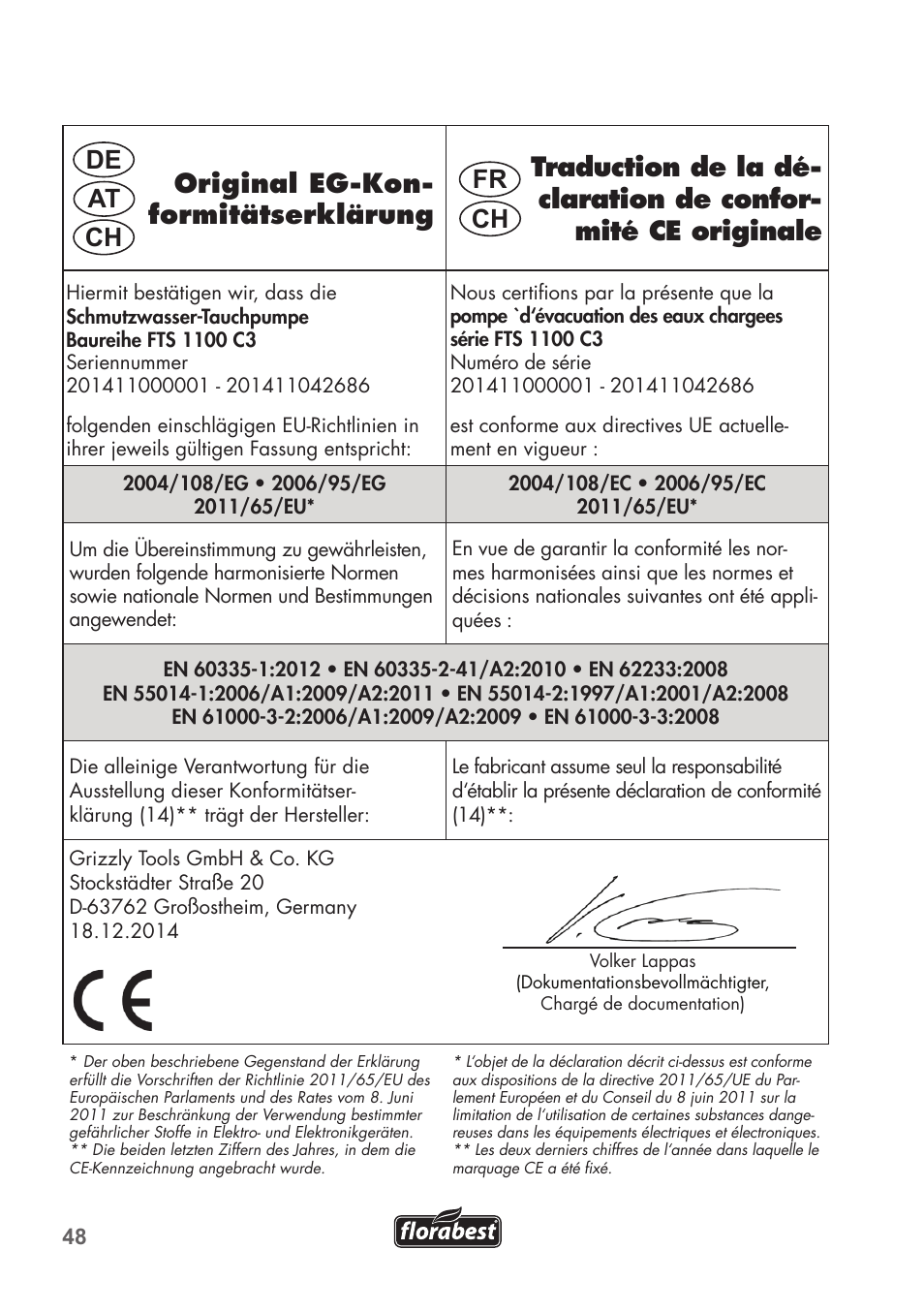 De ch at fr ch | Florabest FTS 1100 C3 User Manual | Page 48 / 50