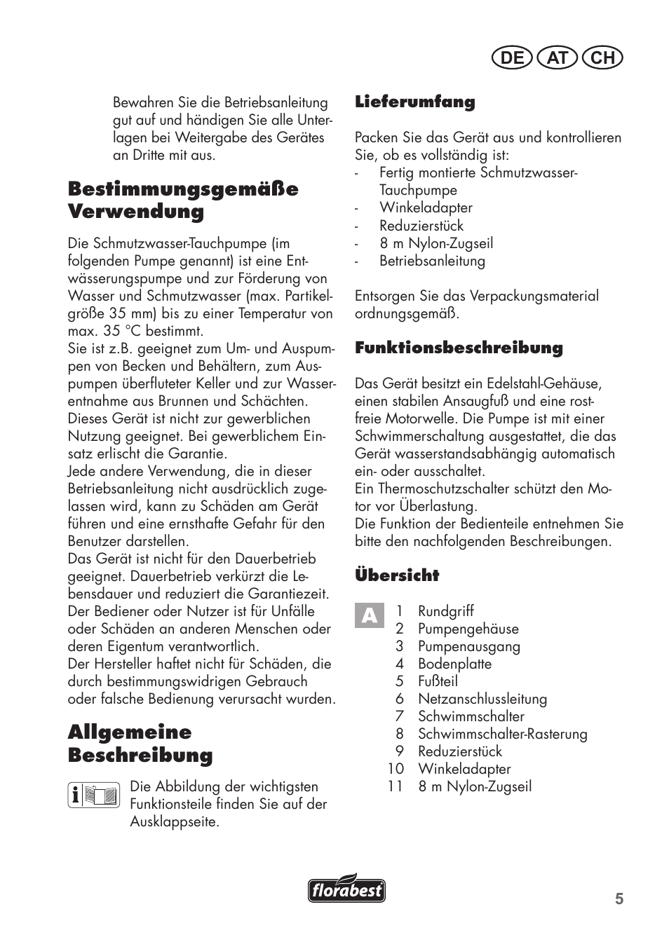 Bestimmungsgemäße verwendung, Allgemeine beschreibung, De at ch | Florabest FTS 1100 C3 User Manual | Page 5 / 50