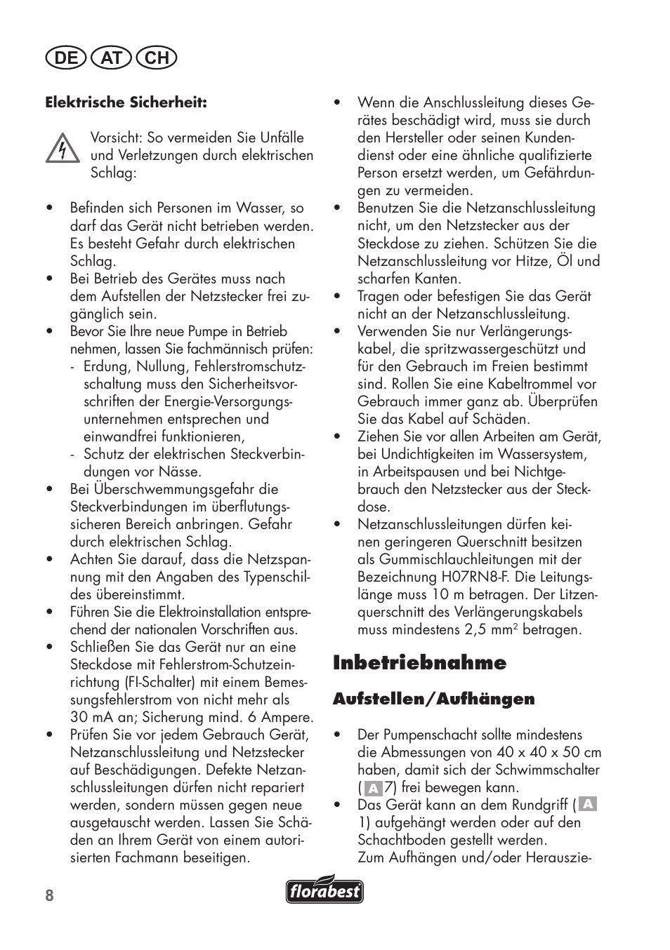 Inbetriebnahme, De at ch | Florabest FTS 1100 C3 User Manual | Page 8 / 50
