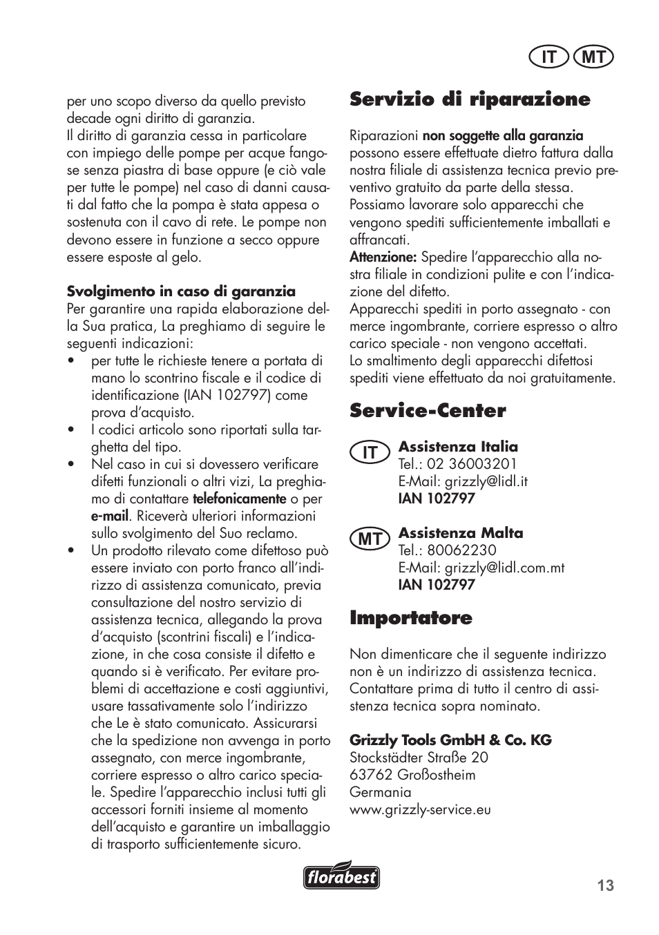 Servizio di riparazione, Service-center, Importatore | It mt | Florabest FTS 1100 C3 User Manual | Page 13 / 50