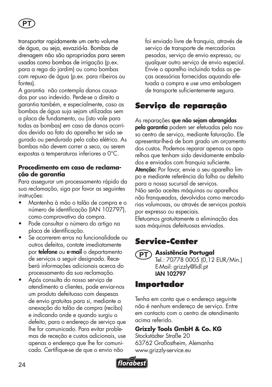 Serviço de reparação, Service-center, Importador | Florabest FTS 1100 C3 User Manual | Page 24 / 50