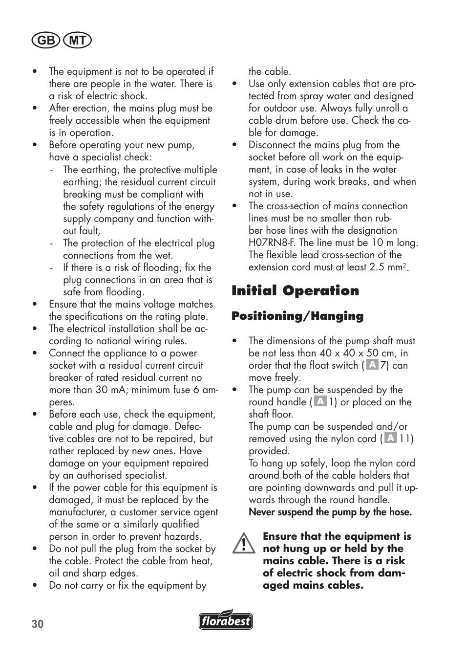 Initial operation, Gb mt | Florabest FTS 1100 C3 User Manual | Page 30 / 50