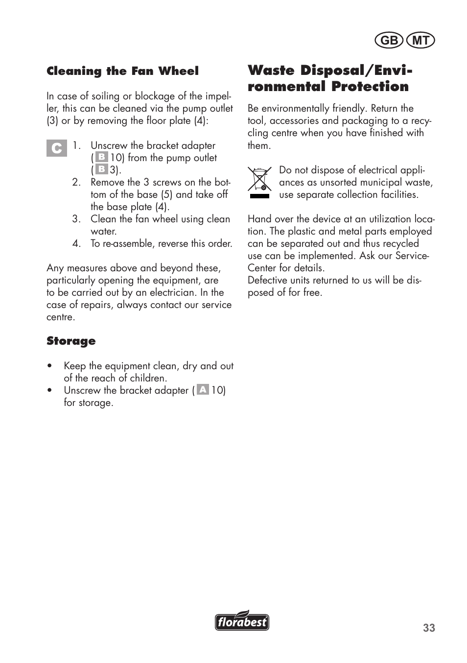 Waste disposal/envi- ronmental protection, Gb mt | Florabest FTS 1100 C3 User Manual | Page 33 / 50
