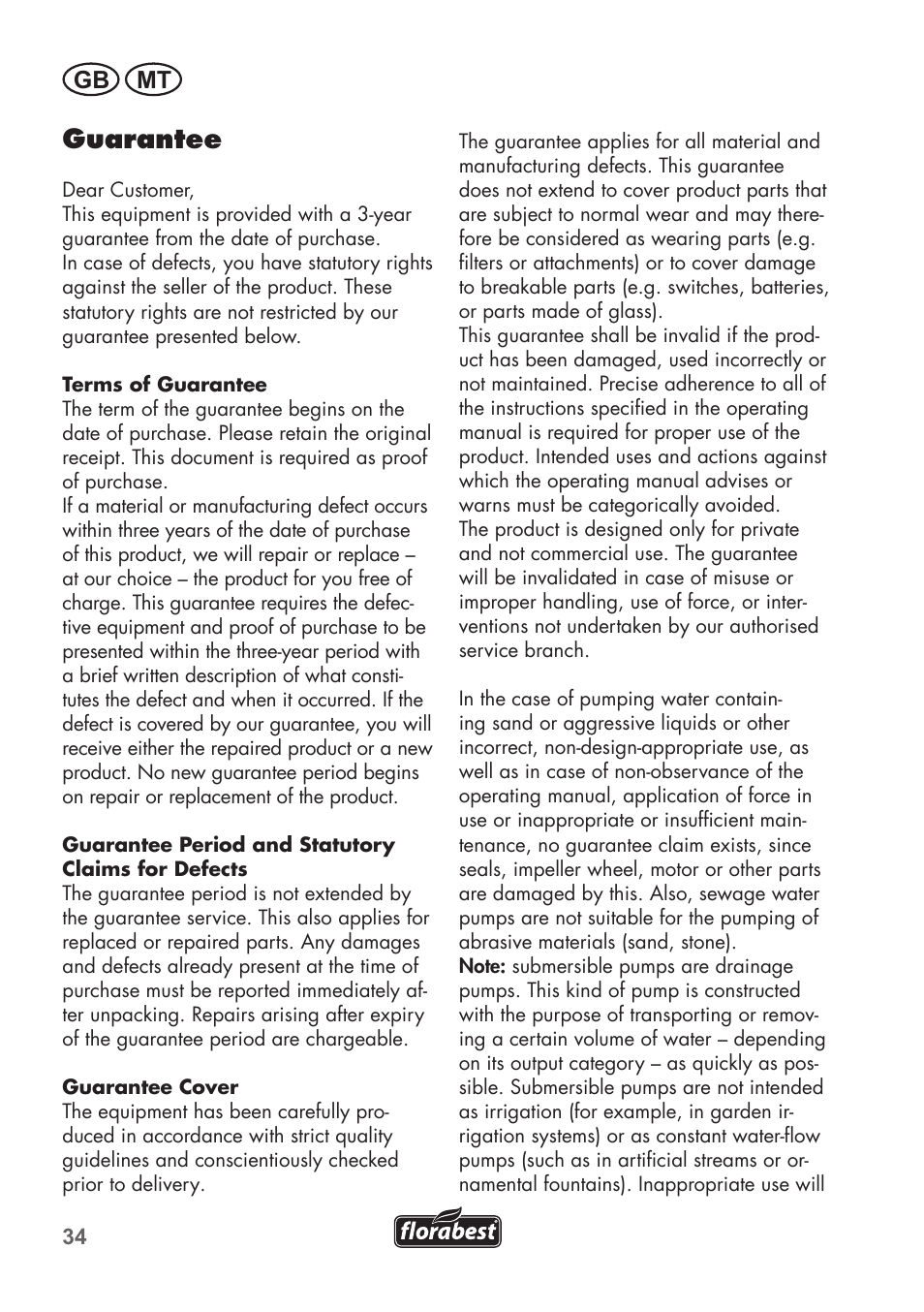 Guarantee, Gb mt | Florabest FTS 1100 C3 User Manual | Page 34 / 50