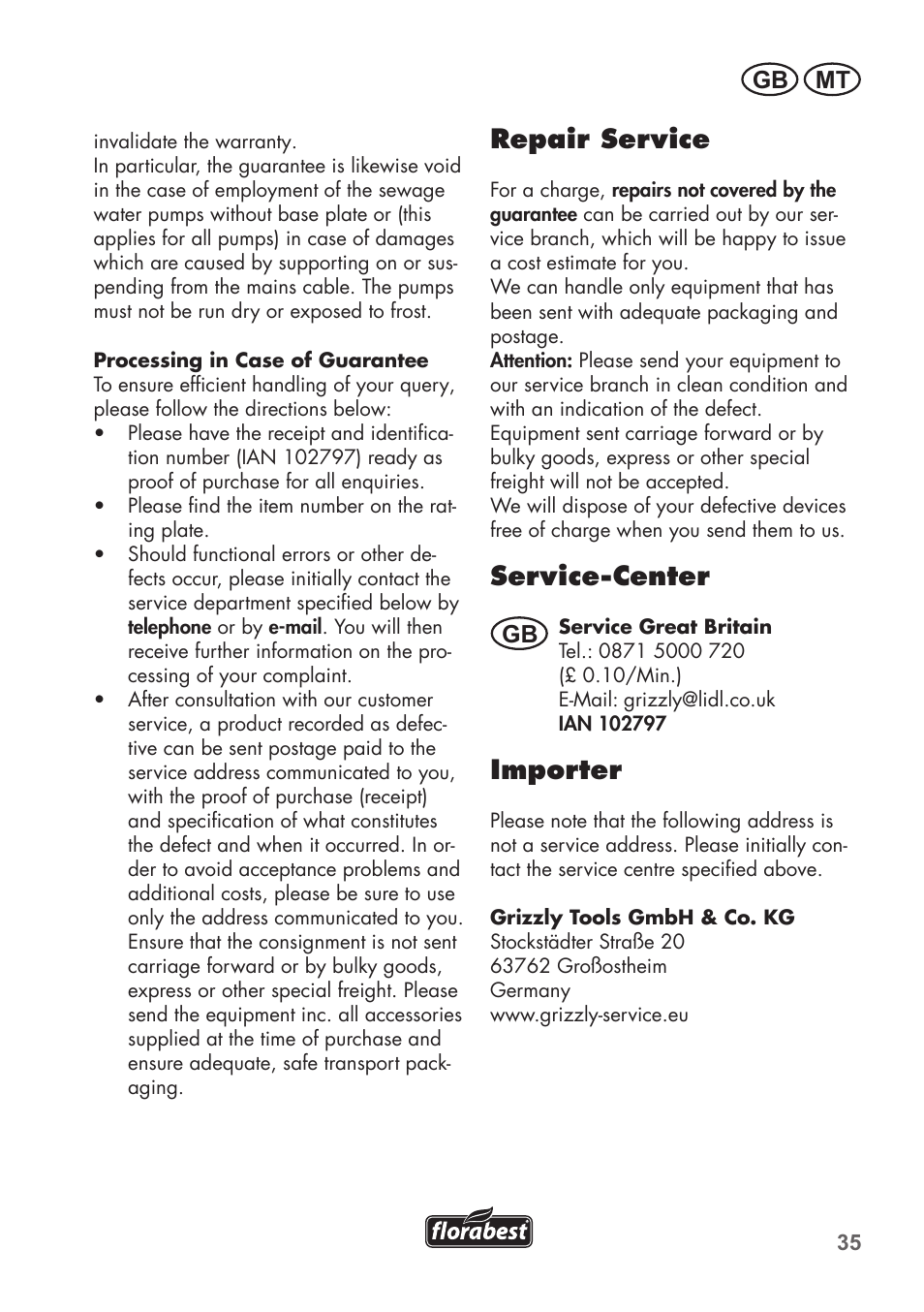Repair service, Service-center, Importer | Gb mt | Florabest FTS 1100 C3 User Manual | Page 35 / 50