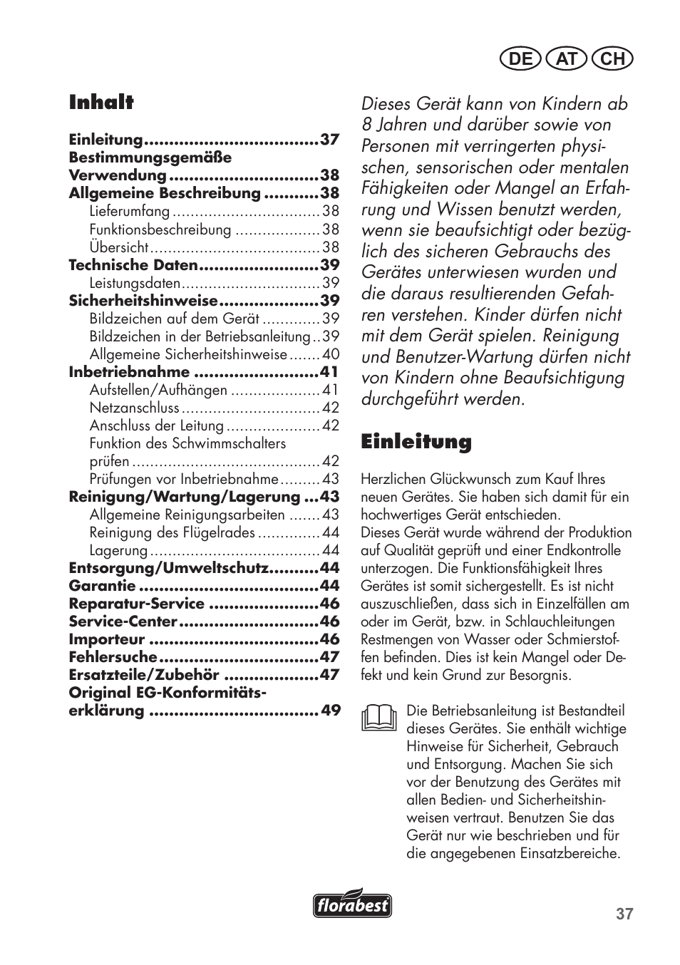 Einleitung, Inhalt | Florabest FTS 1100 C3 User Manual | Page 37 / 50