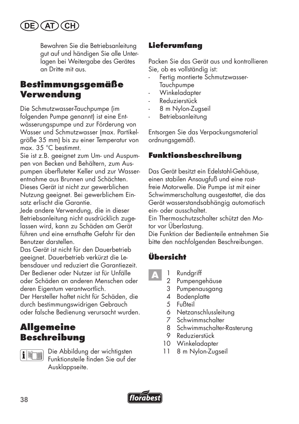 Bestimmungsgemäße verwendung, Allgemeine beschreibung, De at ch | Florabest FTS 1100 C3 User Manual | Page 38 / 50