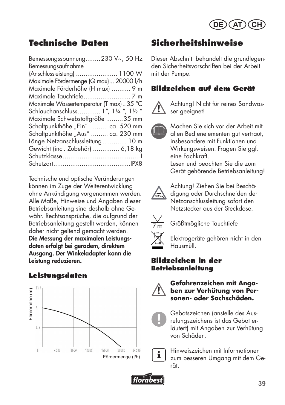 Technische daten, Sicherheitshinweise, De at ch | Florabest FTS 1100 C3 User Manual | Page 39 / 50