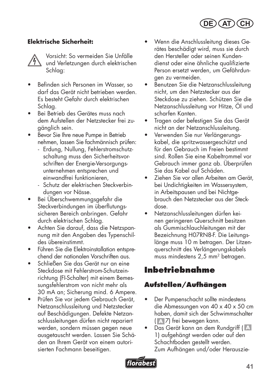 Inbetriebnahme, De at ch | Florabest FTS 1100 C3 User Manual | Page 41 / 50