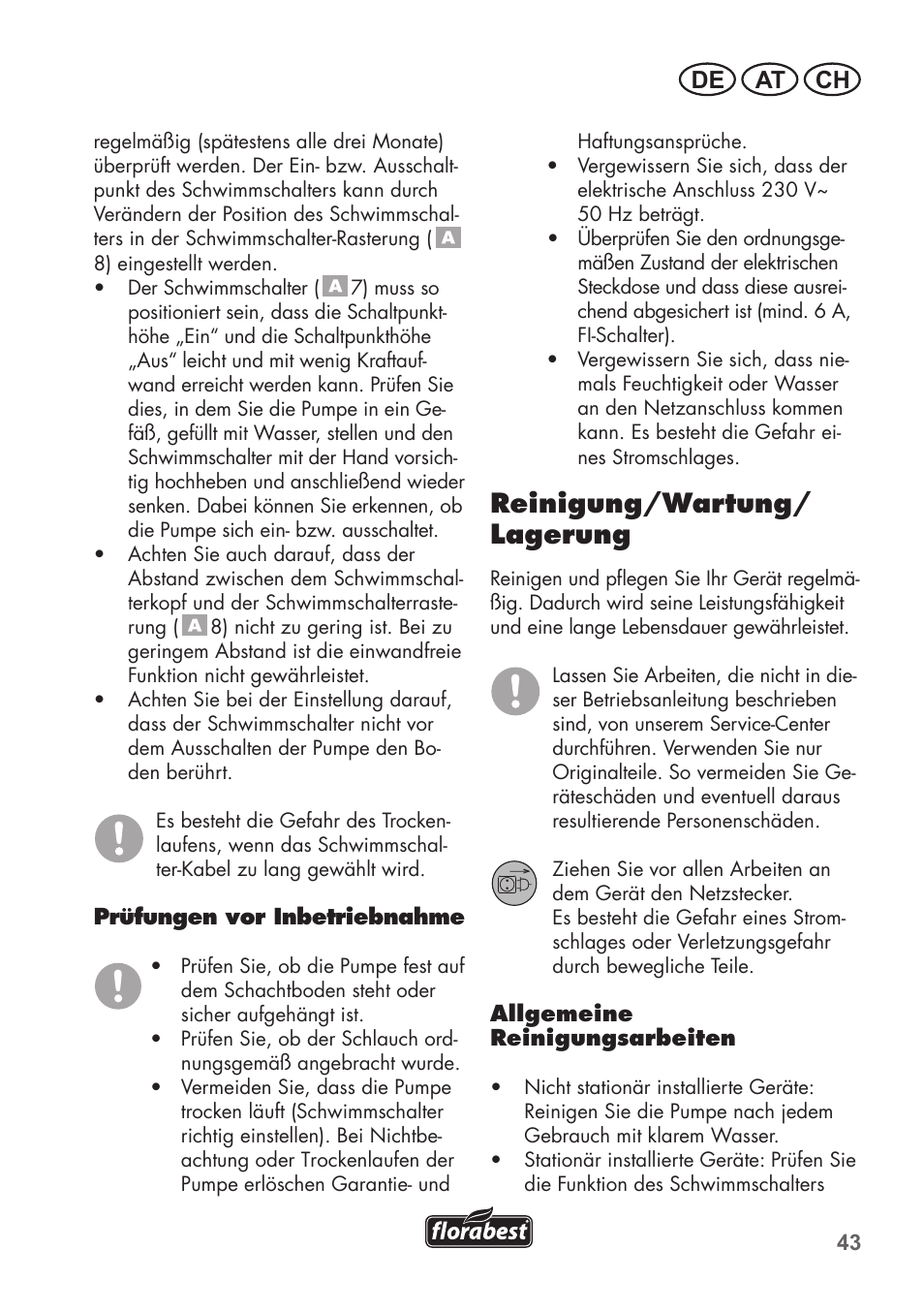 Reinigung/wartung/ lagerung, De at ch | Florabest FTS 1100 C3 User Manual | Page 43 / 50