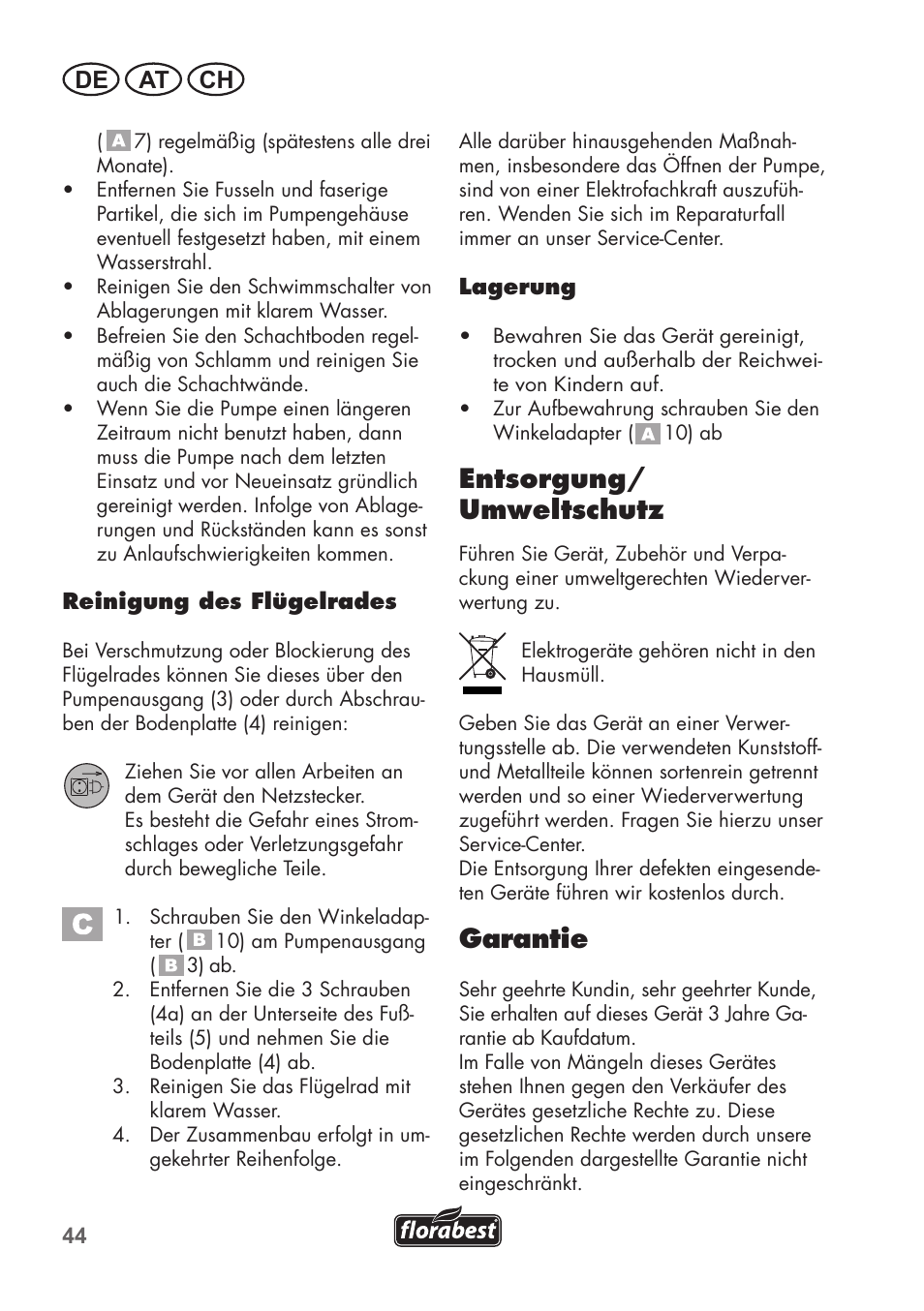 Entsorgung/ umweltschutz, Garantie, De at ch | Florabest FTS 1100 C3 User Manual | Page 44 / 50