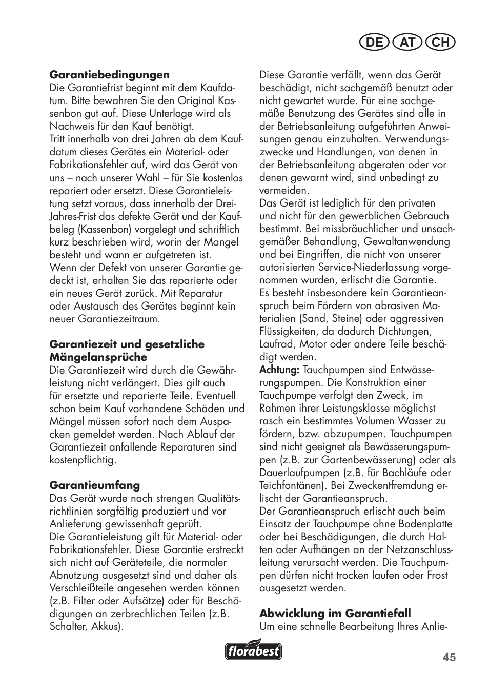 De at ch | Florabest FTS 1100 C3 User Manual | Page 45 / 50