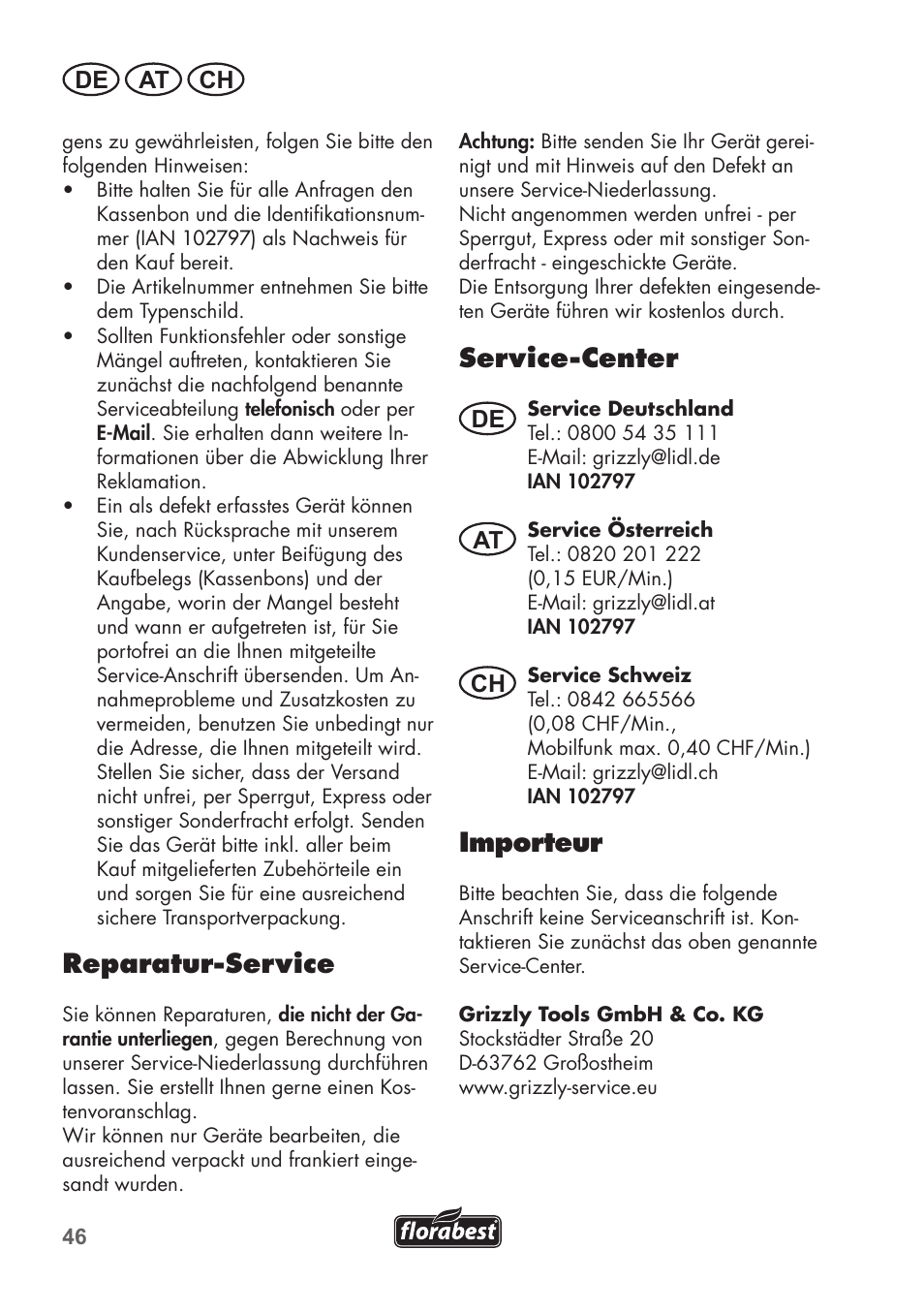 Reparatur-service, Service-center, Importeur | De at ch | Florabest FTS 1100 C3 User Manual | Page 46 / 50
