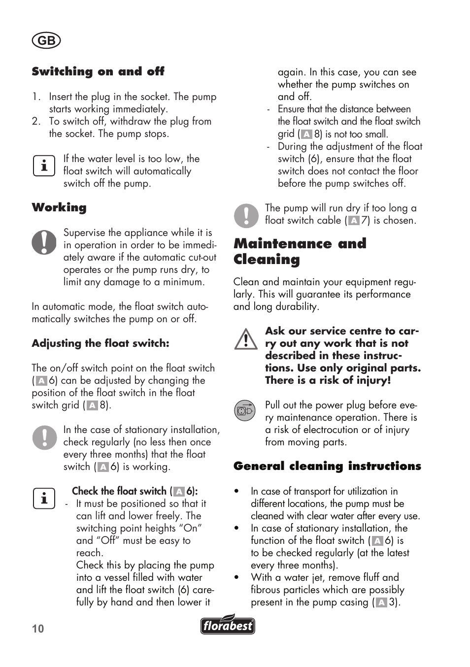 Maintenance and cleaning | Florabest FTP 400 C2 User Manual | Page 10 / 98
