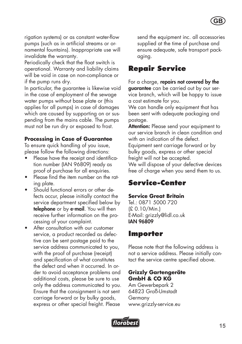 Repair service, Service-center, Importer | Florabest FTP 400 C2 User Manual | Page 15 / 98