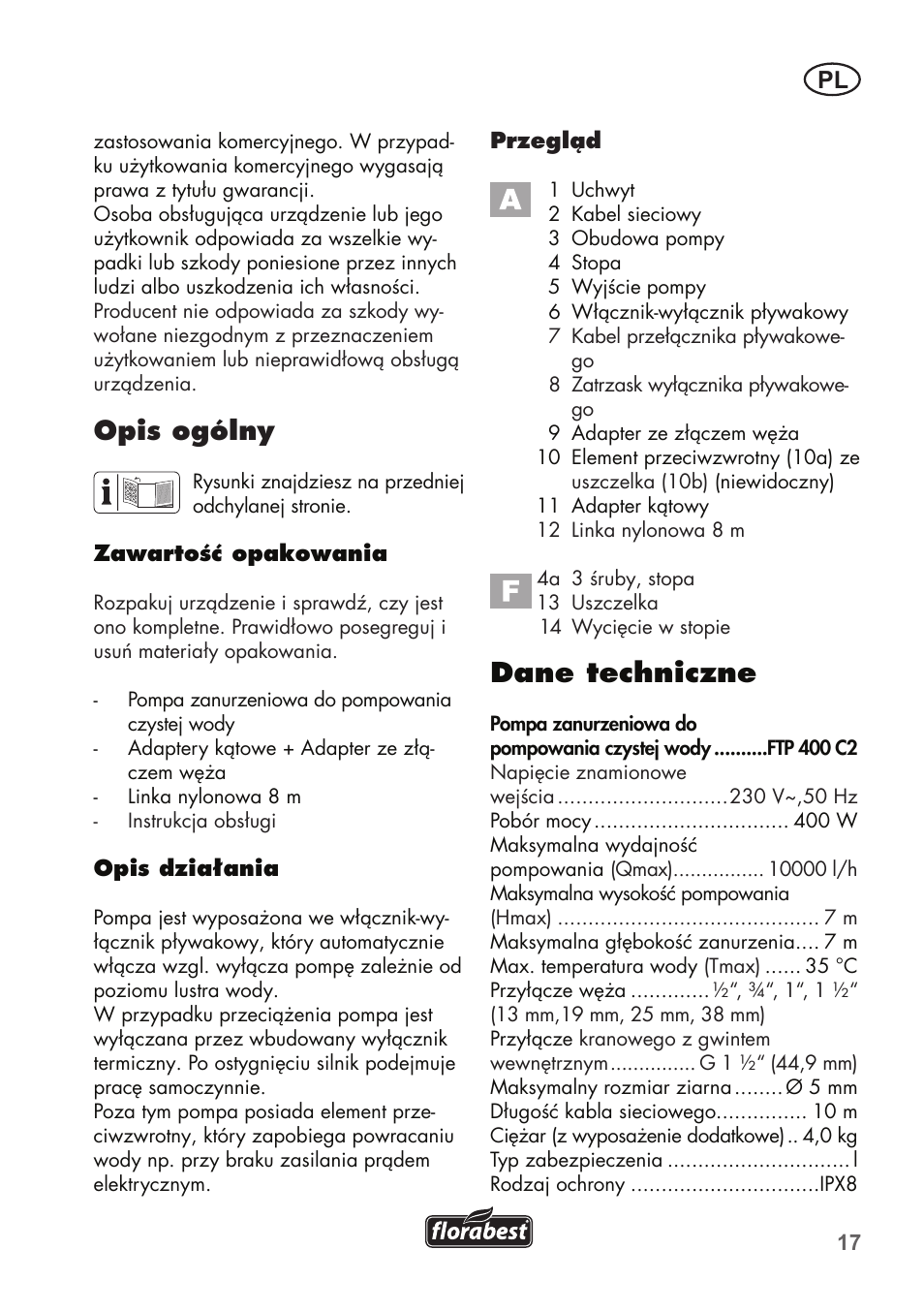 Dane techniczne, Opis ogólny | Florabest FTP 400 C2 User Manual | Page 17 / 98