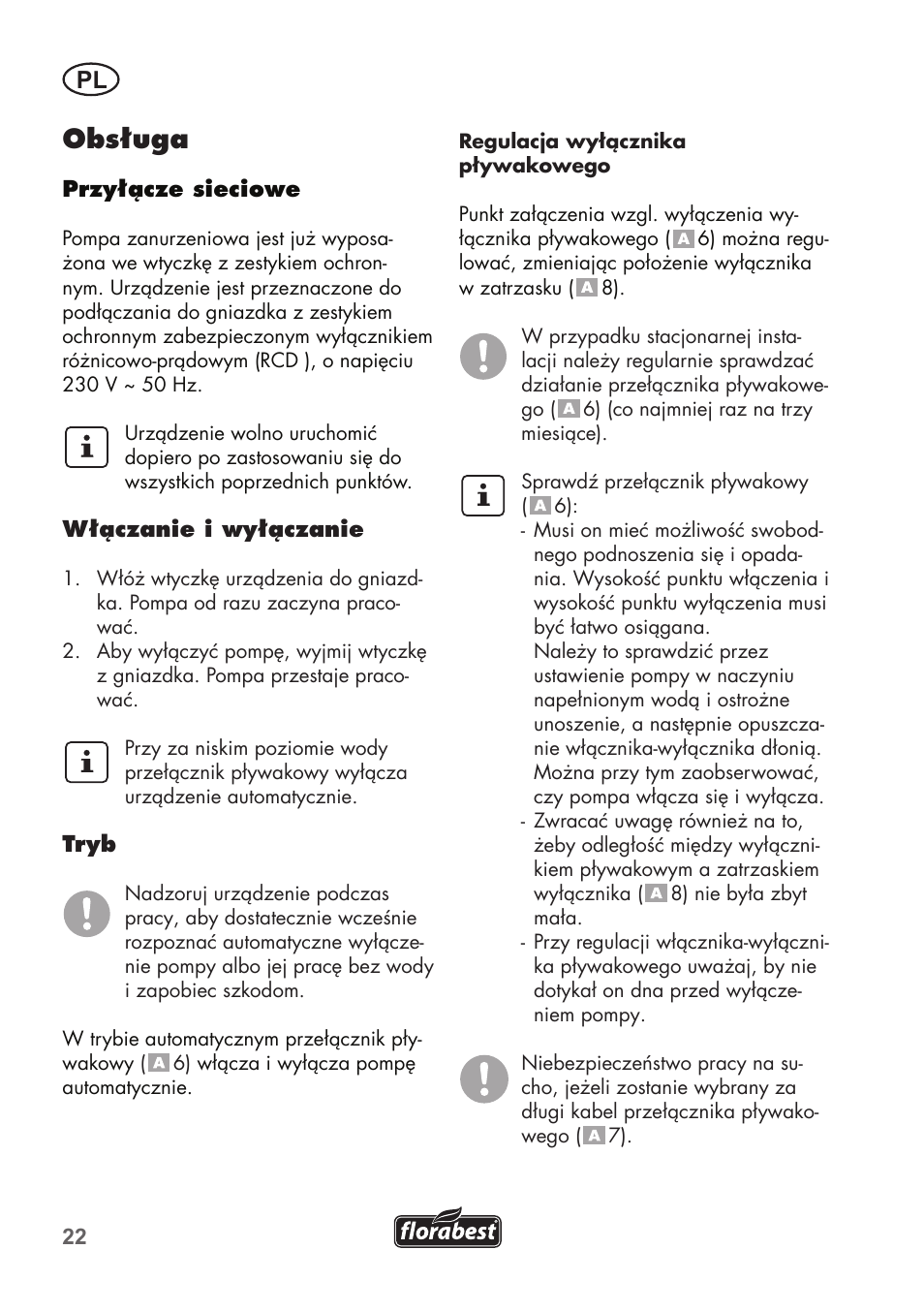 Obsługa | Florabest FTP 400 C2 User Manual | Page 22 / 98