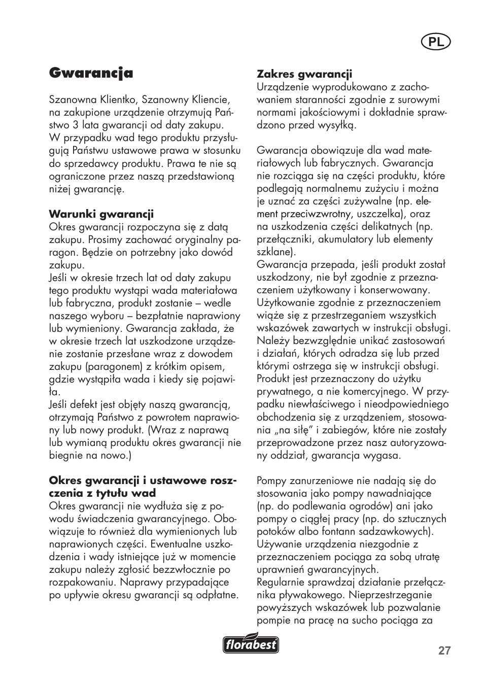 Gwarancja | Florabest FTP 400 C2 User Manual | Page 27 / 98