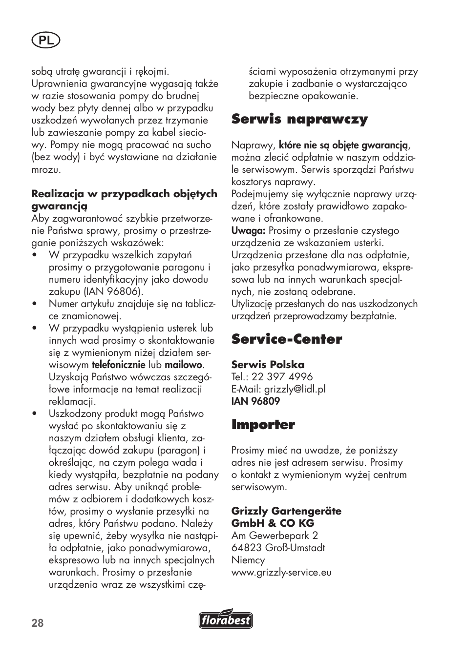 Serwis naprawczy, Service-center, Importer | Florabest FTP 400 C2 User Manual | Page 28 / 98