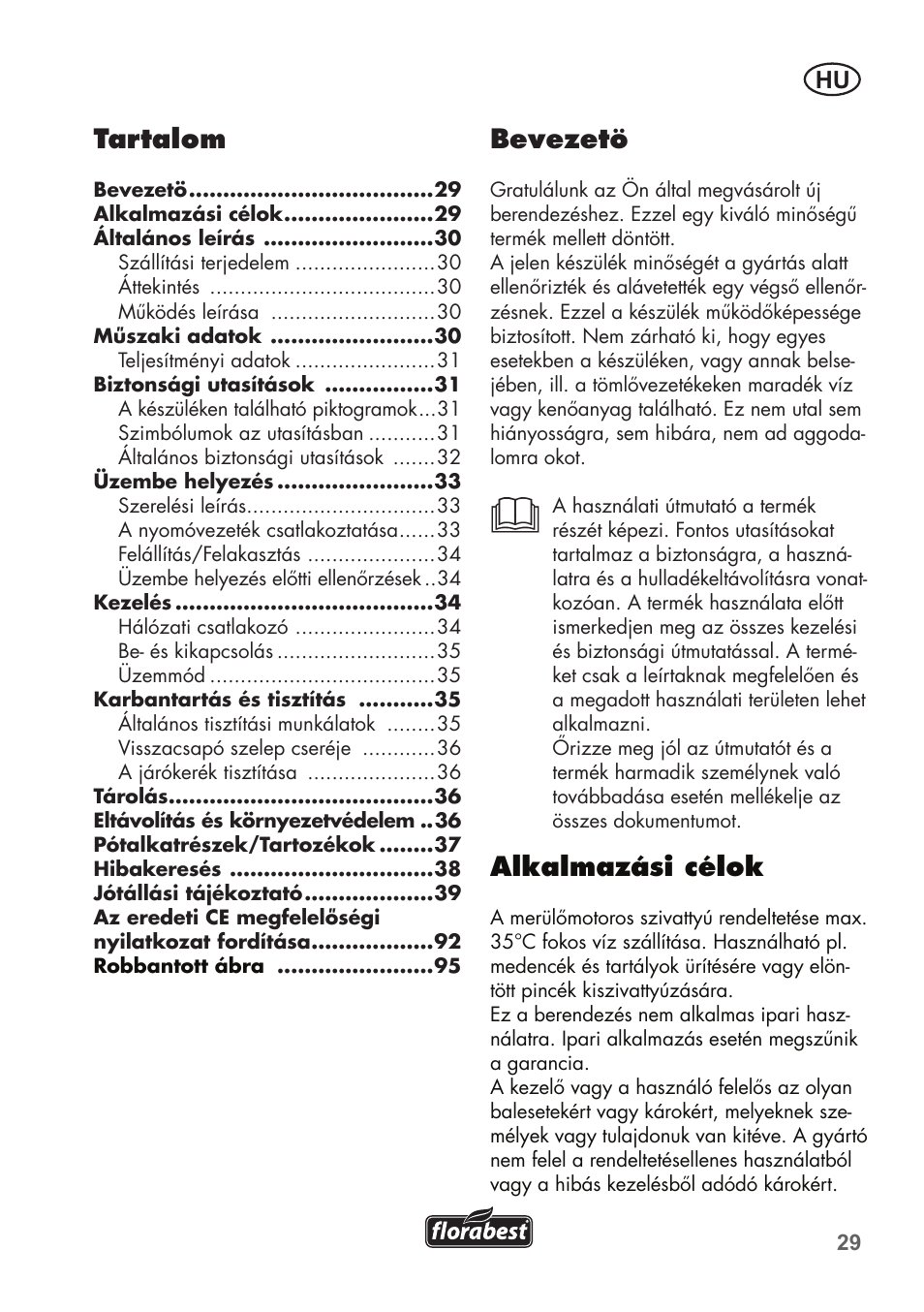 Bevezetö, Alkalmazási célok, Tartalom | Florabest FTP 400 C2 User Manual | Page 29 / 98