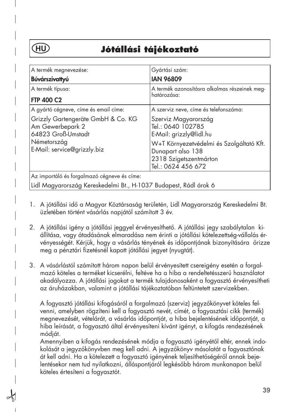 Jótállási tájékoztató | Florabest FTP 400 C2 User Manual | Page 39 / 98