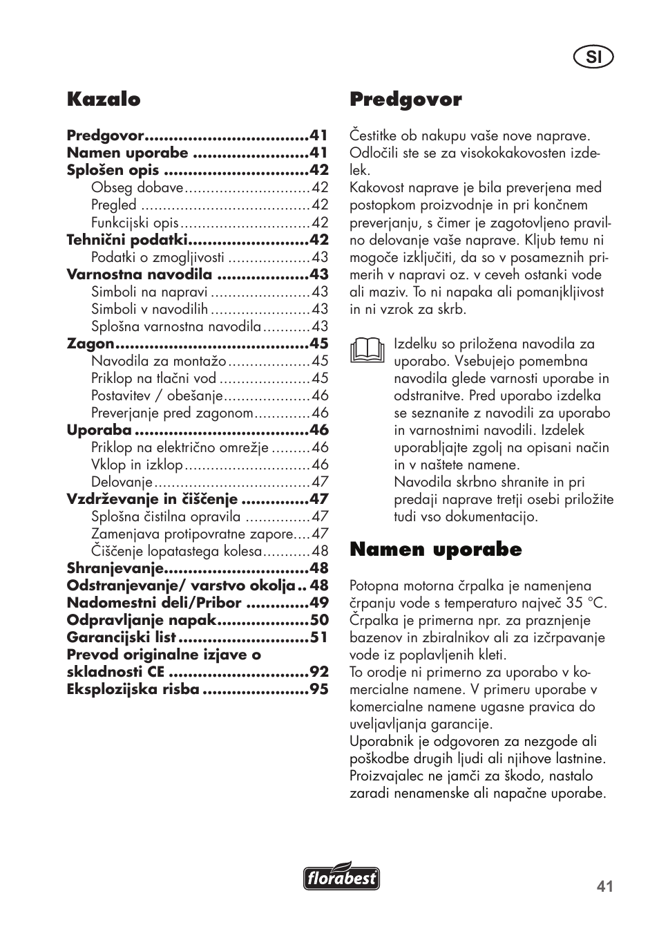 Predgovor, Namen uporabe, Kazalo | Florabest FTP 400 C2 User Manual | Page 41 / 98