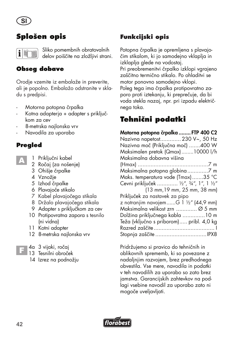 Tehnični podatki, Splošen opis | Florabest FTP 400 C2 User Manual | Page 42 / 98