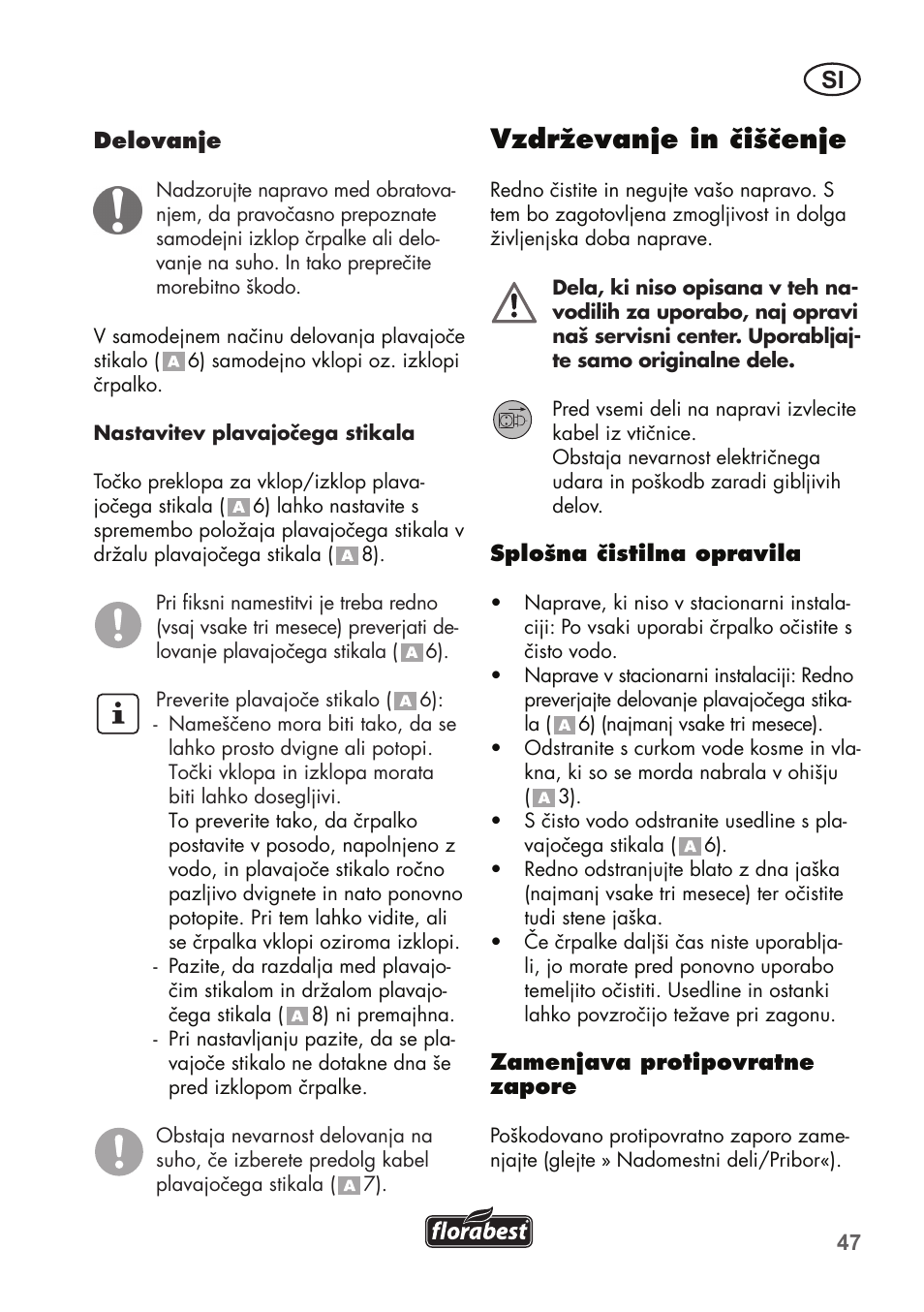 Vzdrževanje in čiščenje | Florabest FTP 400 C2 User Manual | Page 47 / 98