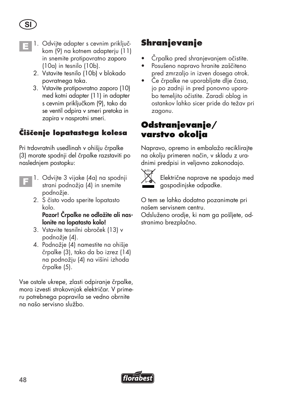 Shranjevanje, Odstranjevanje/ varstvo okolja | Florabest FTP 400 C2 User Manual | Page 48 / 98