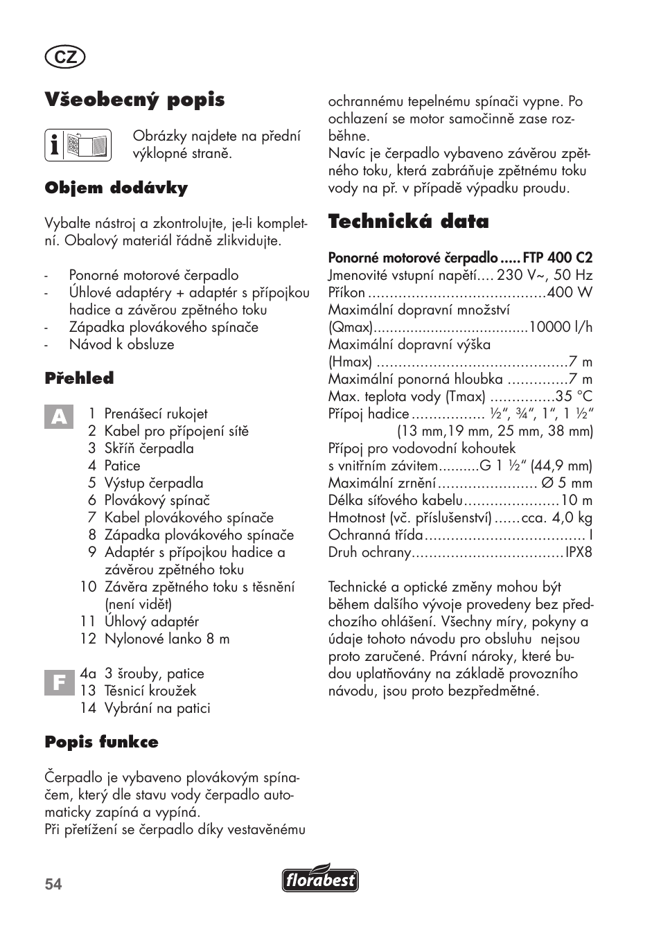 Technická data, Všeobecný popis | Florabest FTP 400 C2 User Manual | Page 54 / 98