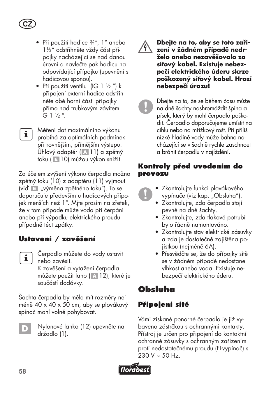 Obsluha | Florabest FTP 400 C2 User Manual | Page 58 / 98