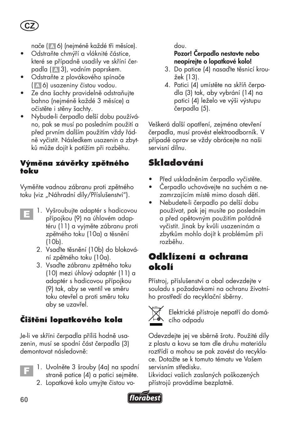 Skladování, Odklízení a ochrana okolí | Florabest FTP 400 C2 User Manual | Page 60 / 98