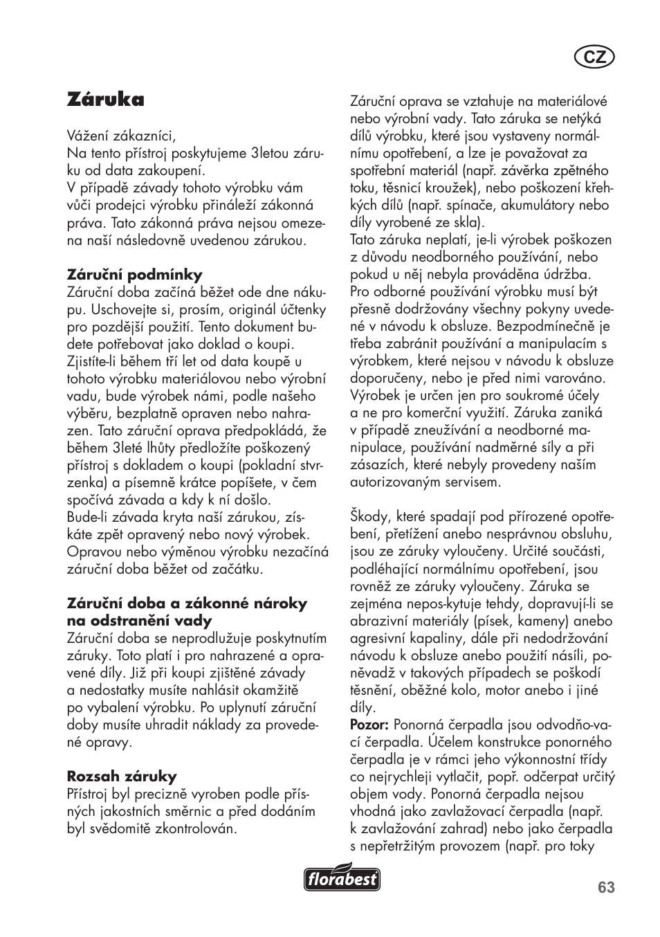 Záruka | Florabest FTP 400 C2 User Manual | Page 63 / 98