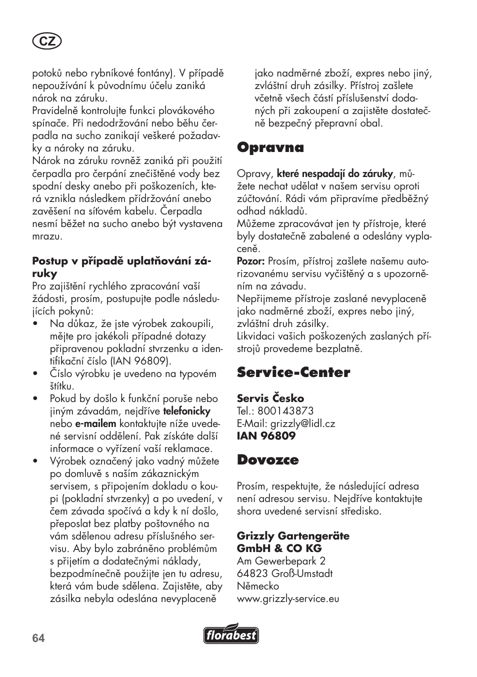 Opravna, Service-center, Dovozce | Florabest FTP 400 C2 User Manual | Page 64 / 98