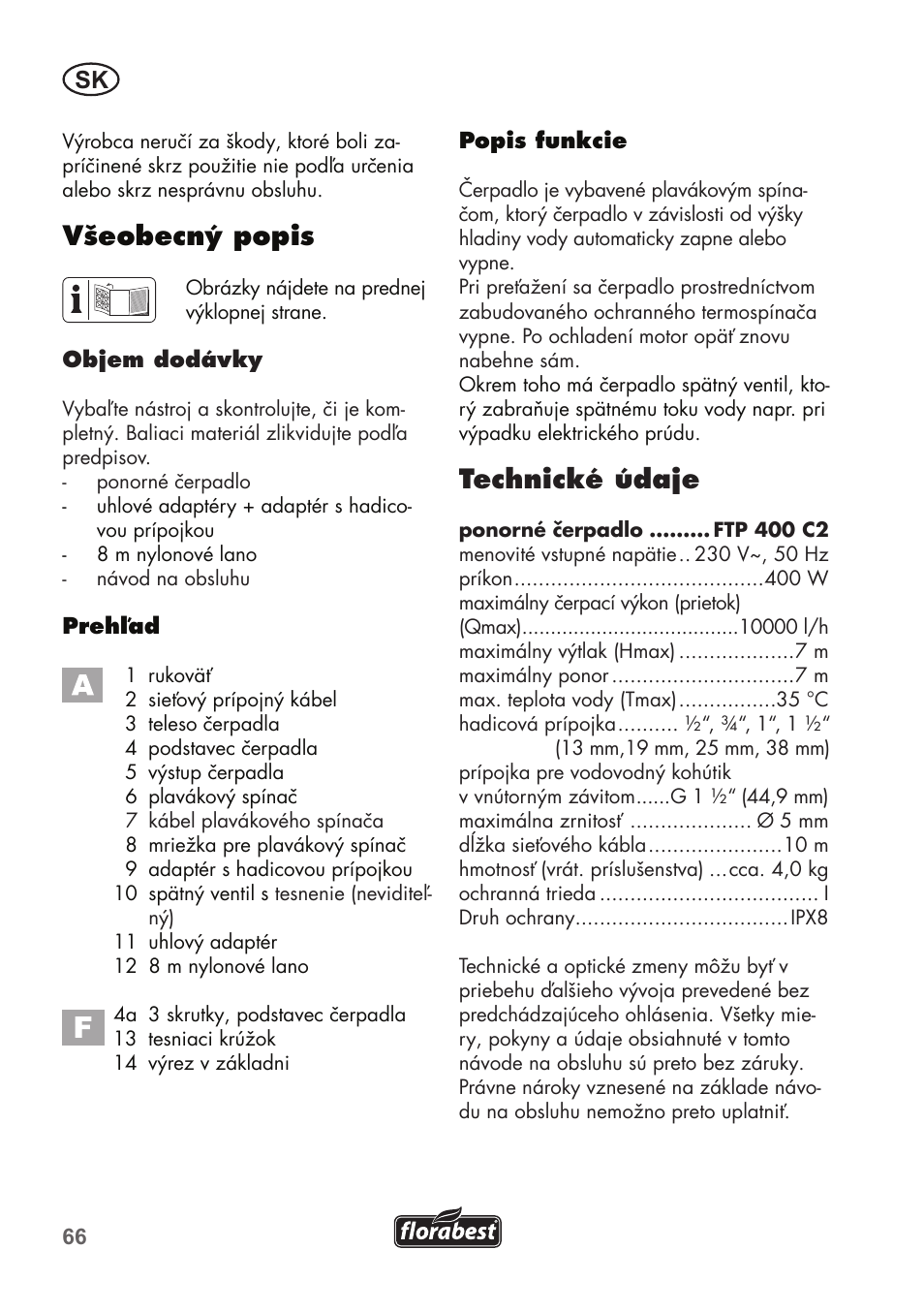 Technické údaje, Všeobecný popis | Florabest FTP 400 C2 User Manual | Page 66 / 98