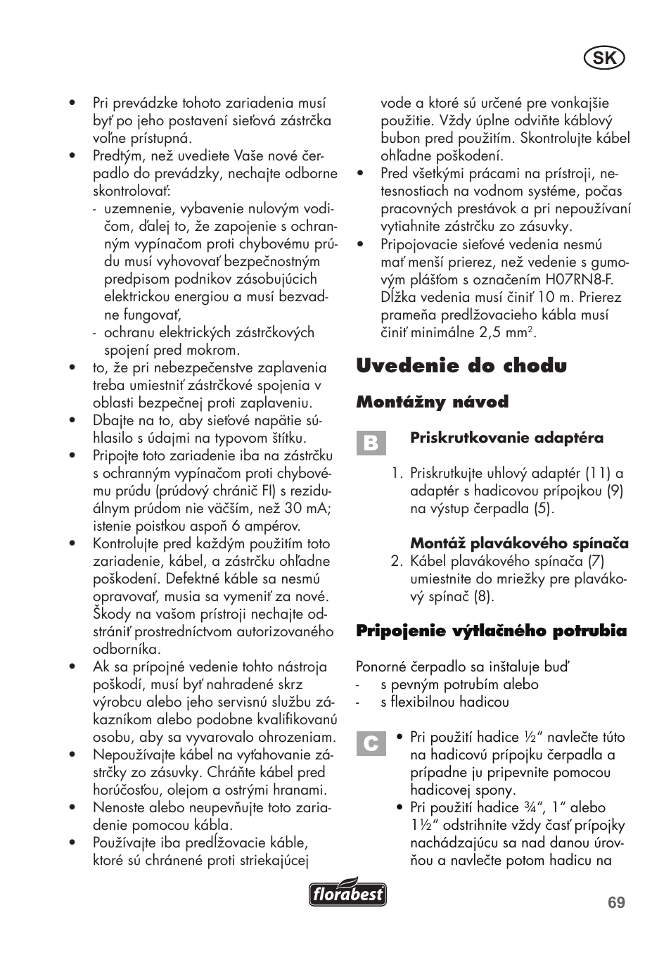 Uvedenie do chodu | Florabest FTP 400 C2 User Manual | Page 69 / 98