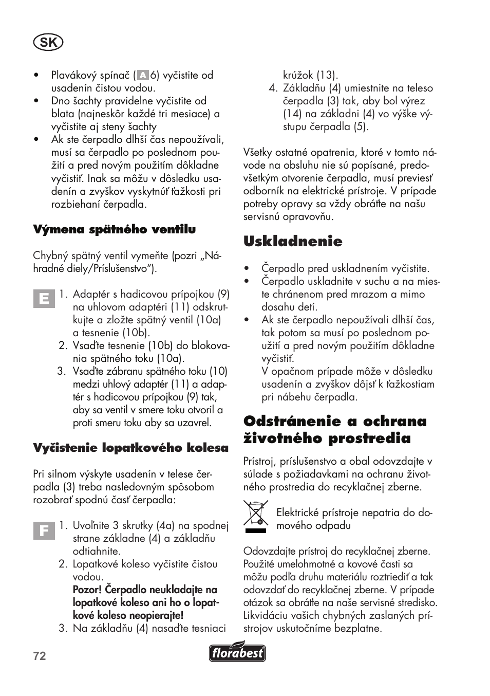 Uskladnenie, Odstránenie a ochrana životného prostredia | Florabest FTP 400 C2 User Manual | Page 72 / 98