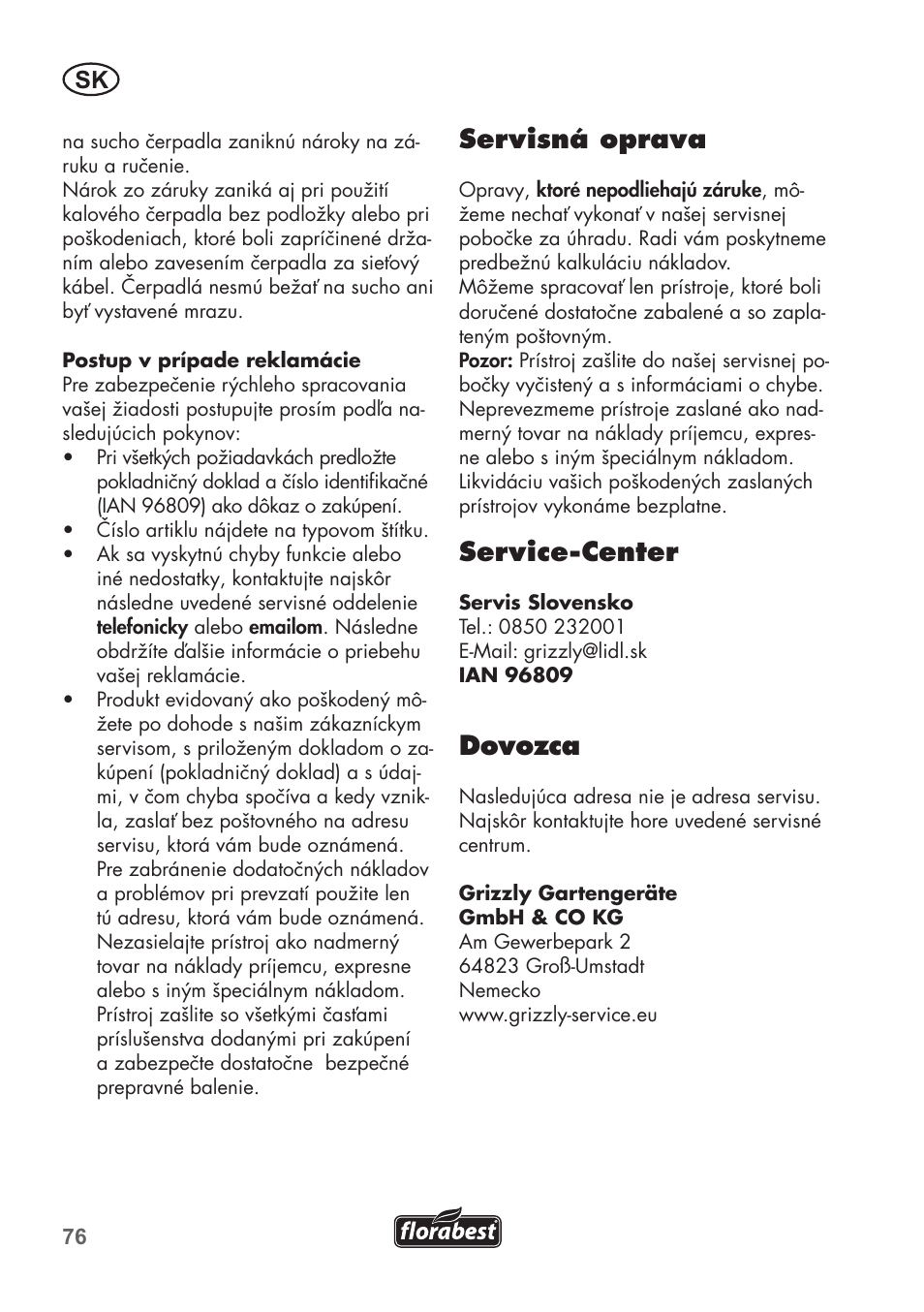 Servisná oprava, Service-center, Dovozca | Florabest FTP 400 C2 User Manual | Page 76 / 98