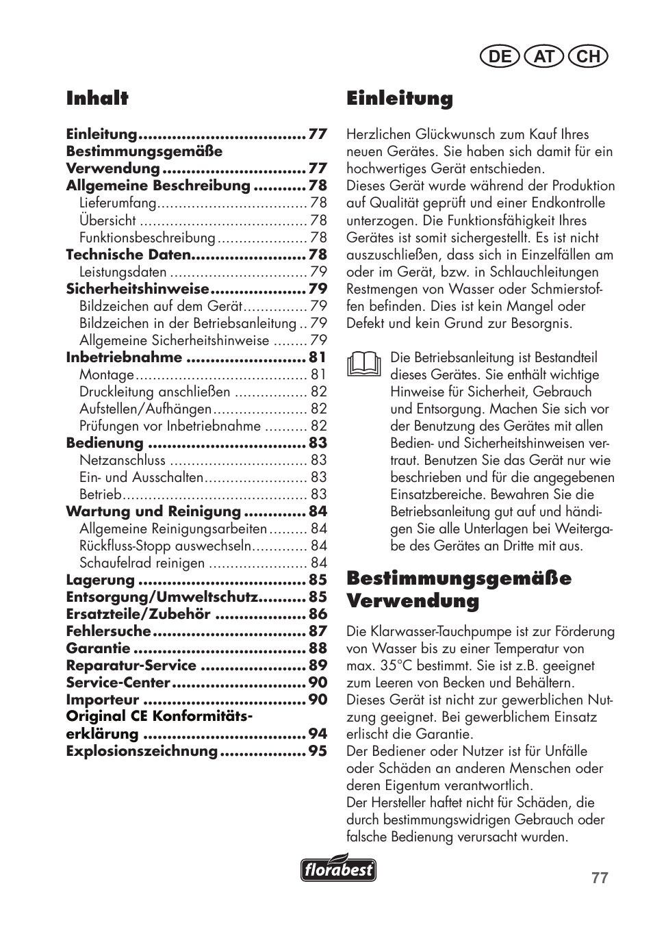 Einleitung, Bestimmungsgemäße verwendung, Inhalt | De at ch | Florabest FTP 400 C2 User Manual | Page 77 / 98