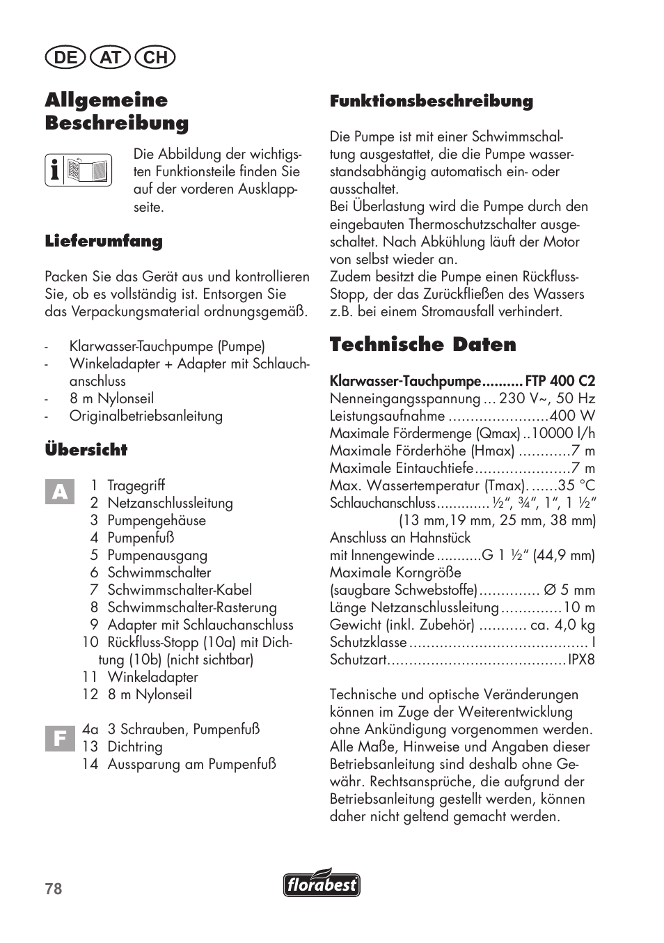 Technische daten, Allgemeine beschreibung, De at ch | Florabest FTP 400 C2 User Manual | Page 78 / 98