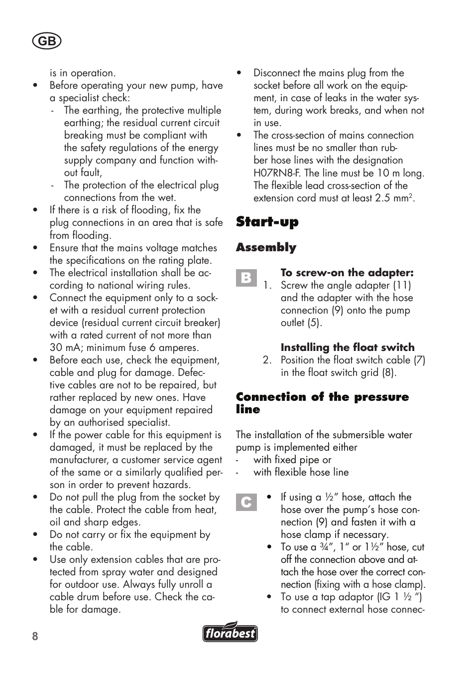 Start-up | Florabest FTP 400 C2 User Manual | Page 8 / 98