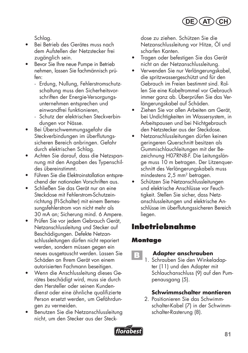 Inbetriebnahme, De at ch | Florabest FTP 400 C2 User Manual | Page 81 / 98