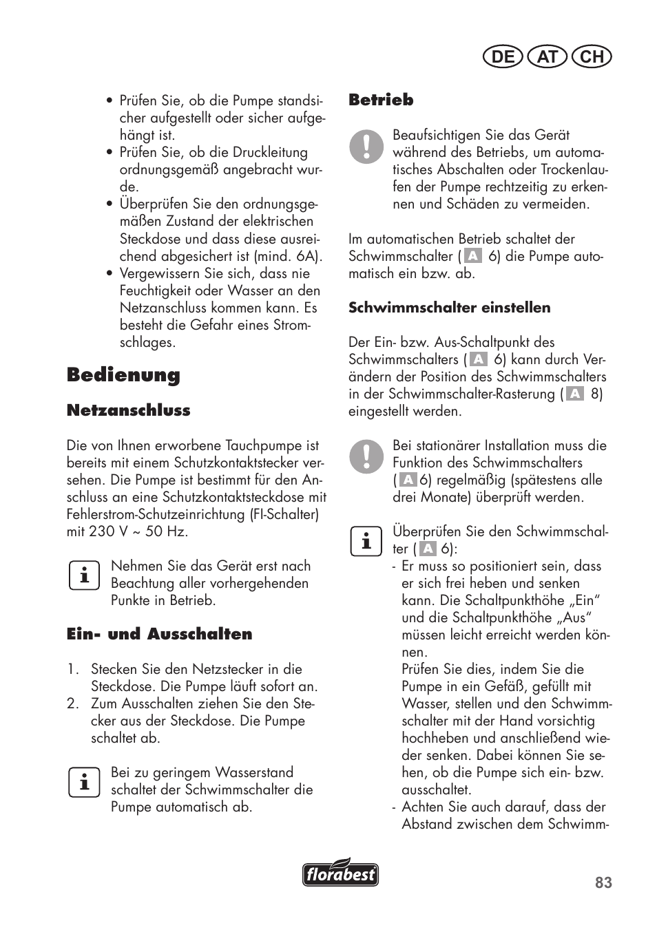 Bedienung, De at ch | Florabest FTP 400 C2 User Manual | Page 83 / 98
