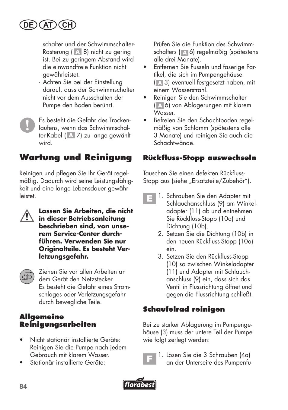 Wartung und reinigung, De at ch | Florabest FTP 400 C2 User Manual | Page 84 / 98