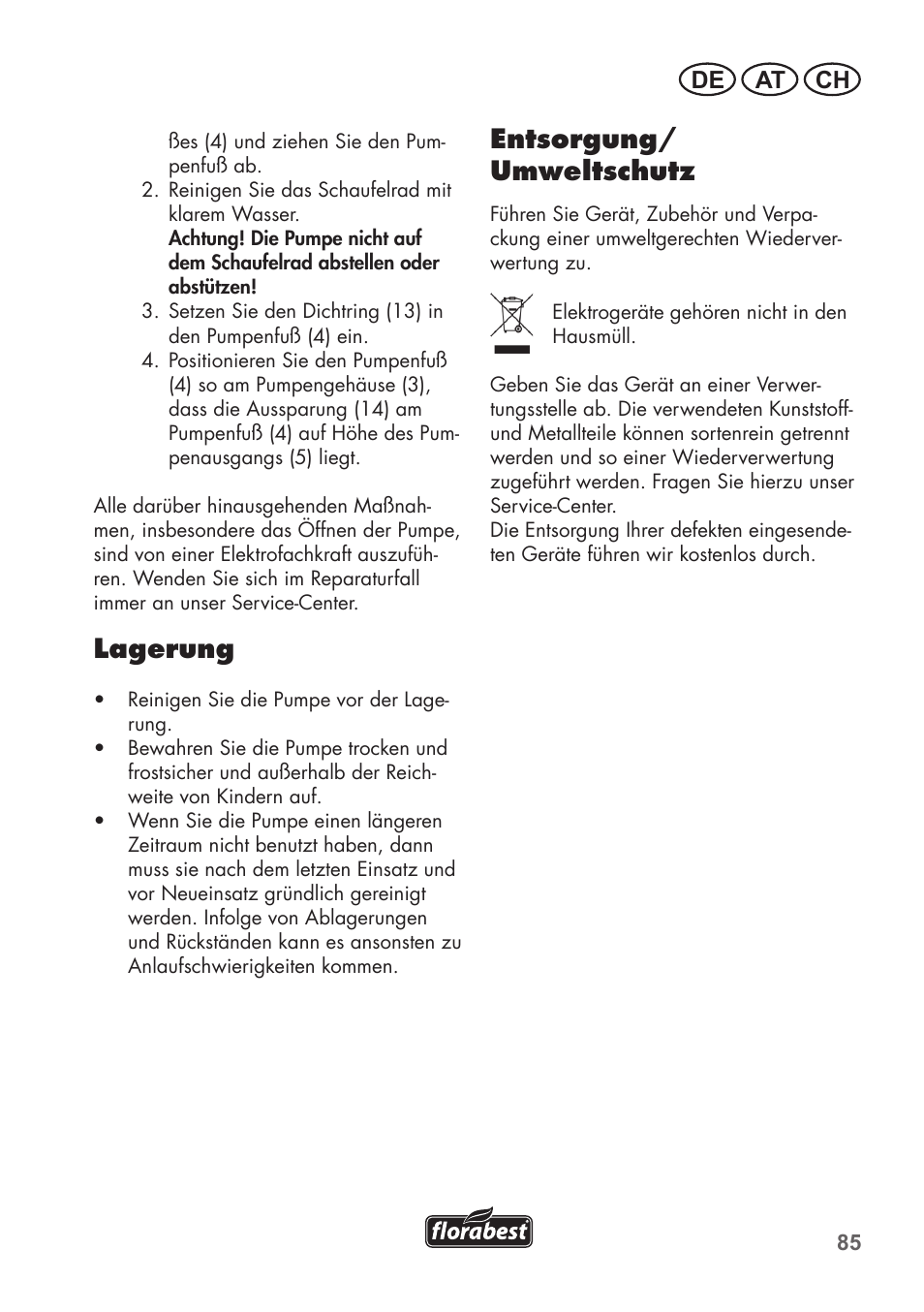 Lagerung, Entsorgung/ umweltschutz, De at ch | Florabest FTP 400 C2 User Manual | Page 85 / 98