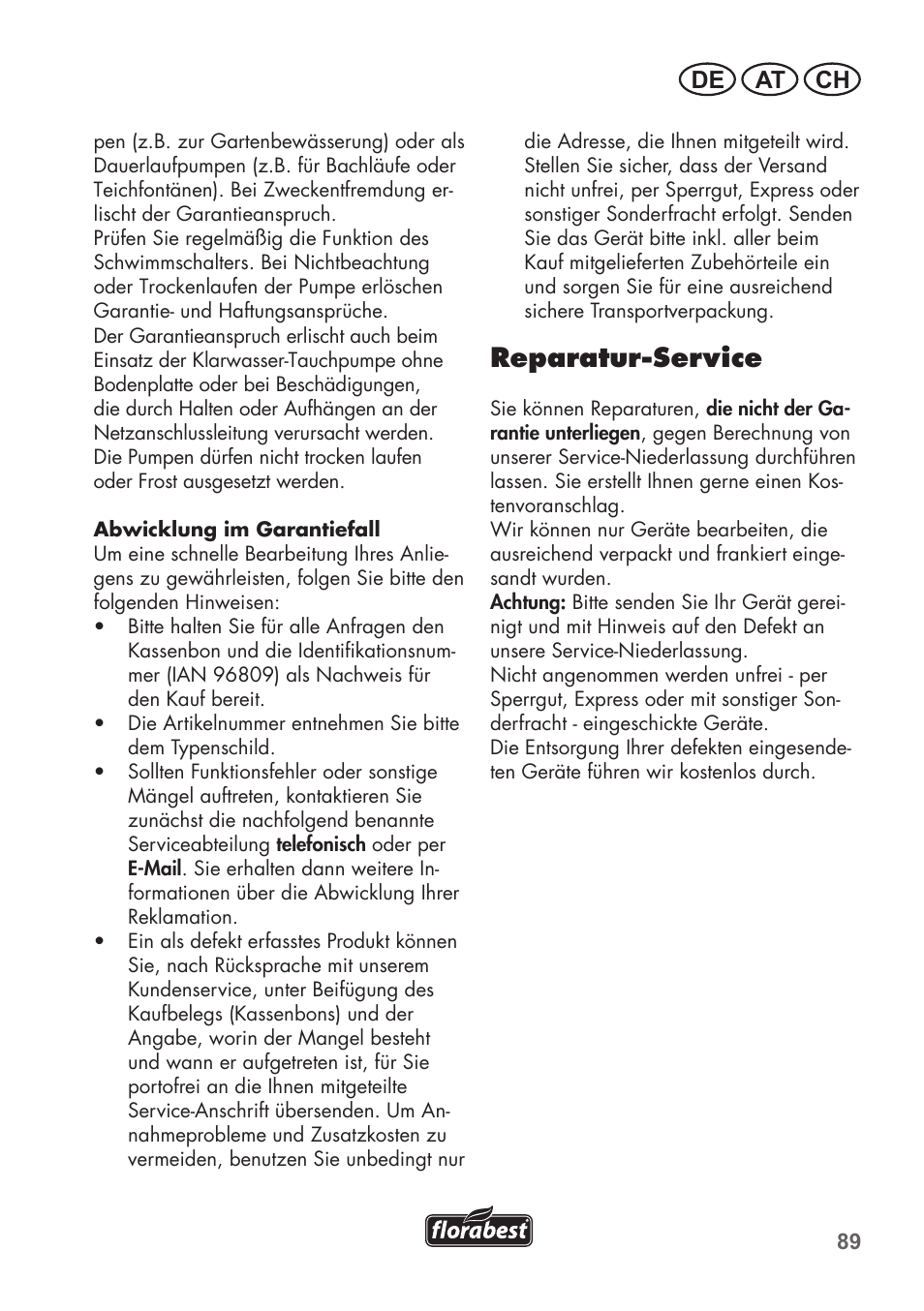 Reparatur-service, De at ch | Florabest FTP 400 C2 User Manual | Page 89 / 98
